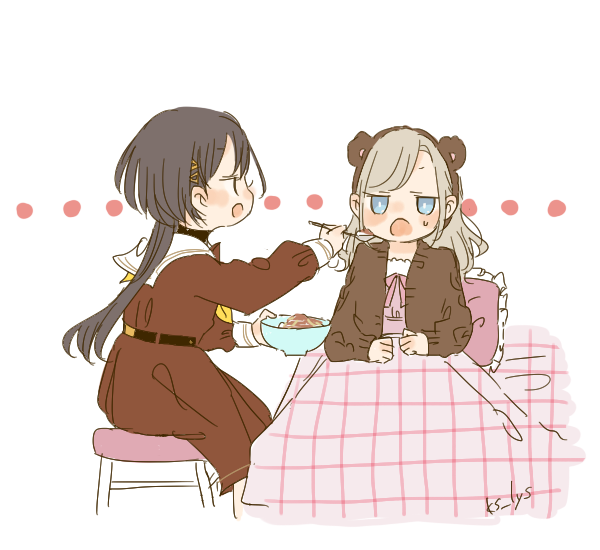 ..., 2girls, blue_eyes, brown_cardigan, brown_dress, camisole, cardigan, ceras_yanagida_lilienfeld