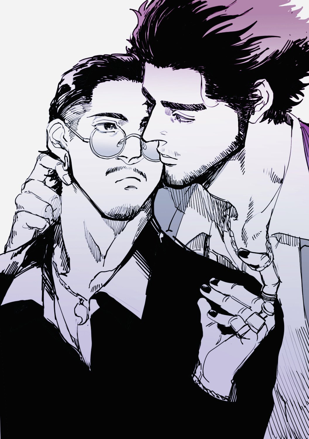 2boys, adam's_apple, closed_mouth, commentary_request, earrings, facial_hair, highres, jewelry, kasuga_ichiban, male_focus, mature_male, multiple_boys, mustache, nail_polish, necklace, parted_lips, pulling_another's_necklace, ring, round_eyewear, ryuu_ga_gotoku_(series), short_hair, sideburns, thick_eyebrows, tinted_eyewear, yaoi, zazuzamushi, zhao_tianyou