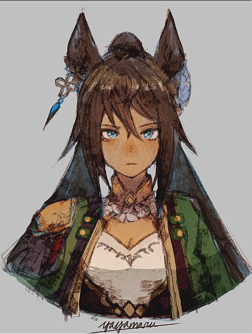 1girl, animal_ears, artist_name, black_hair, blue_eyes, closed_mouth, commentary_request, dark-skinned_female, dark_skin, earrings, green_jacket, grey_background, hair_between_eyes, hair_ornament, highres, horse_ears, horse_girl, jacket, jewelry, long_hair, looking_at_viewer, open_clothes, open_jacket, ponytail, shoulder_guard, simple_background, single_earring, solo, straight-on, symboli_kris_s_(onyx_soldier)_(umamusume), symboli_kris_s_(umamusume), umamusume, upper_body, vest, white_vest, yayamarublog