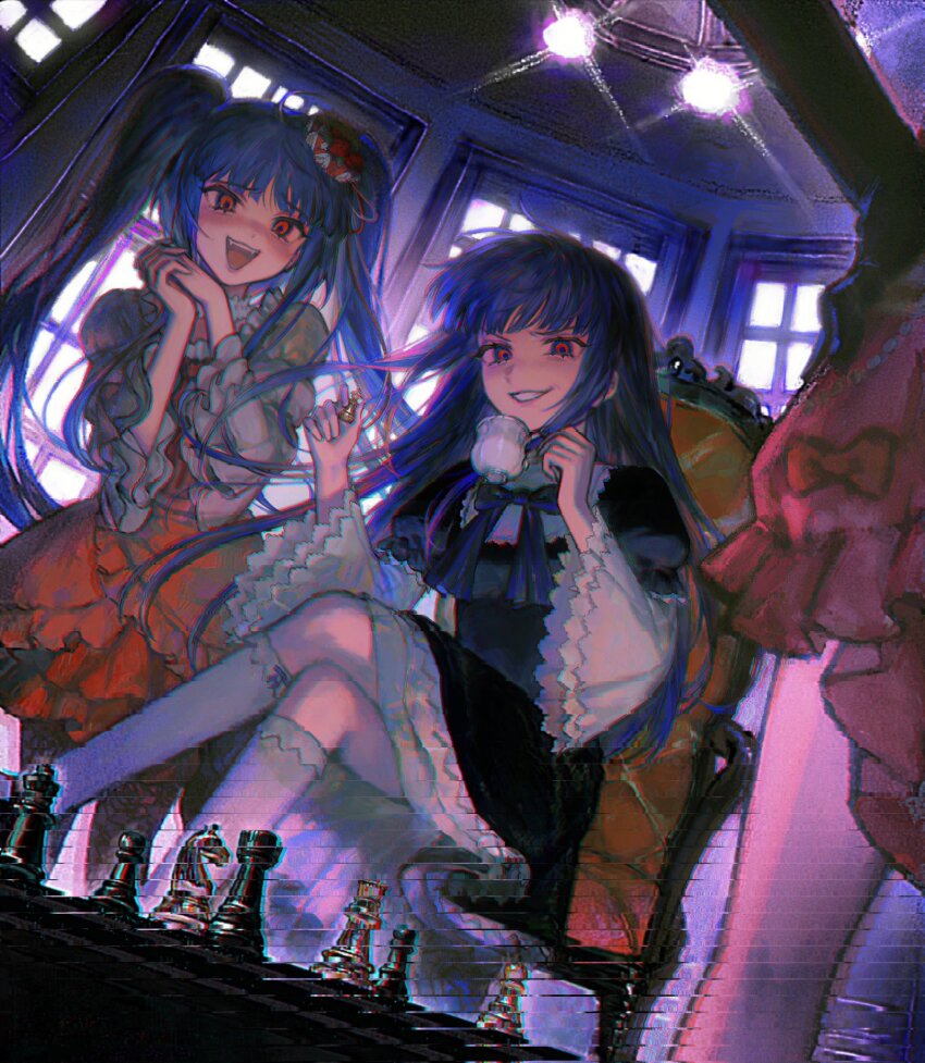 3girls, bishop_(chess), black_dress, black_gloves, blue_bow, blue_hair, blue_ribbon, blunt_bangs