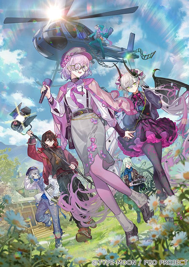 3boys, 3girls, aircraft, antlers, black_dress, black_hands, blue_sky, blush