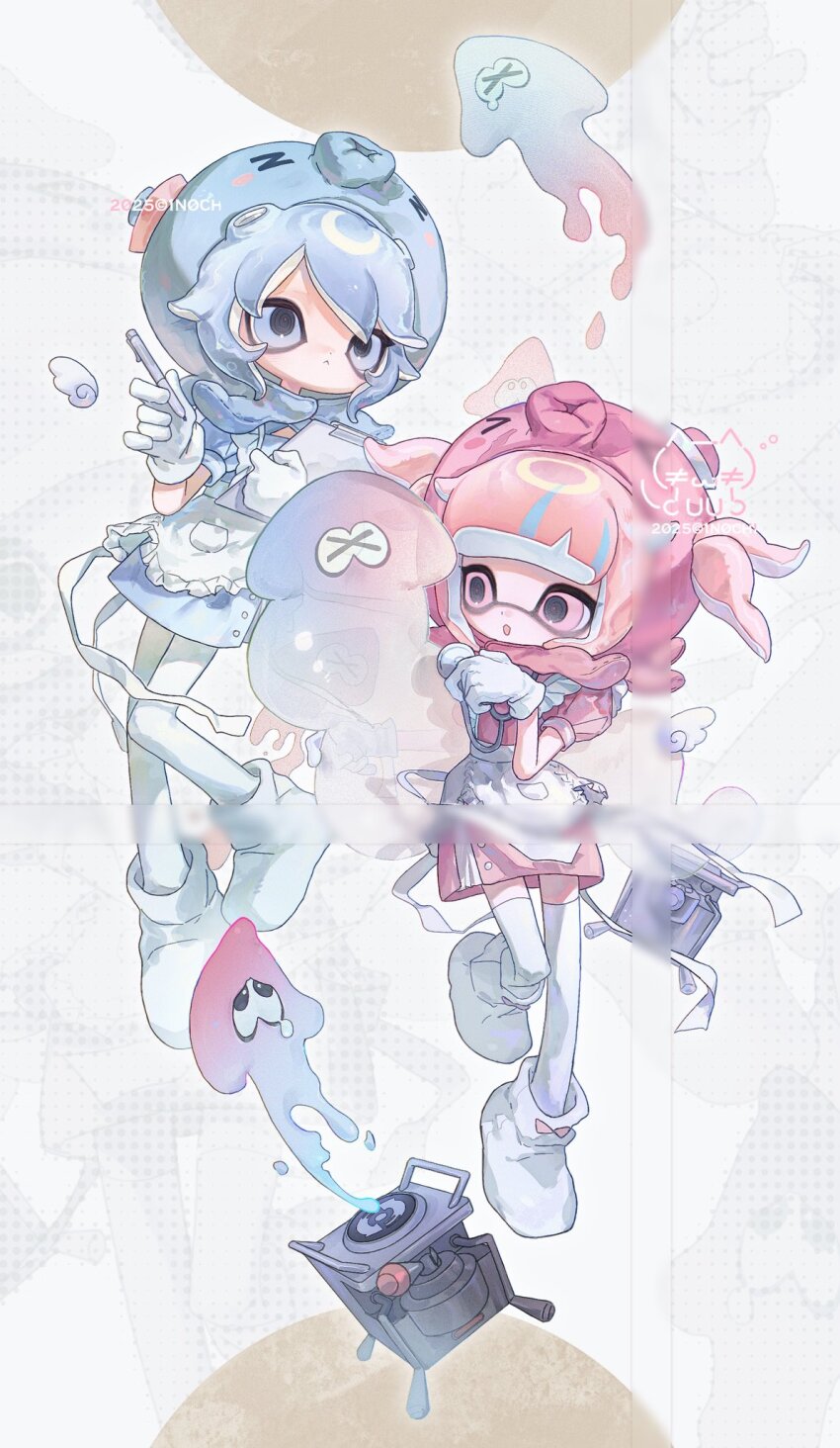 1n0chi, 2girls, :<, apron, artist_name, blue_dress, blue_eyes, blue_hair