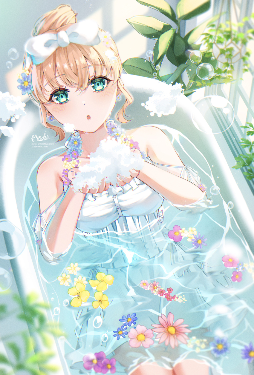1girl, absurdres, aqua_eyes, bare_shoulders, bathing, blue_flower, commentary_request, cowboy_shot