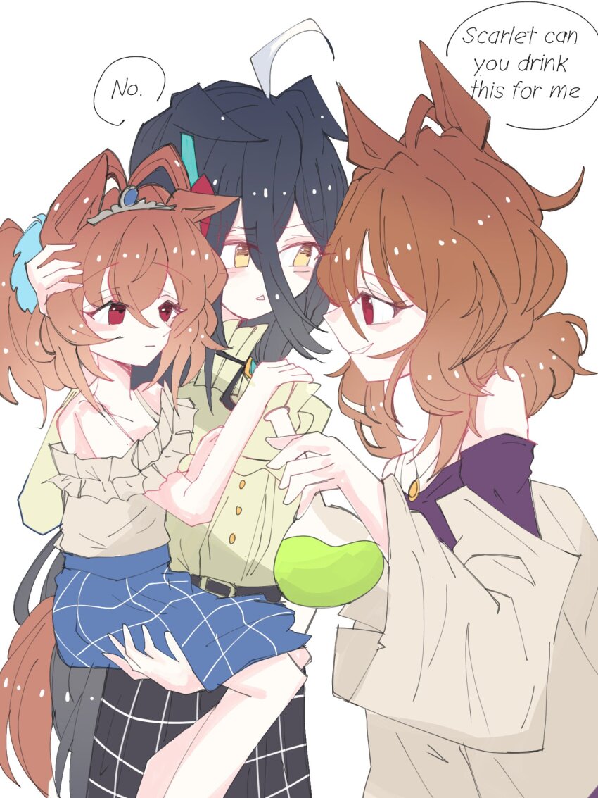 3girls, aged_down, agnes_tachyon_(umamusume), ahoge, black_ribbon, black_skirt, brown_hair, child