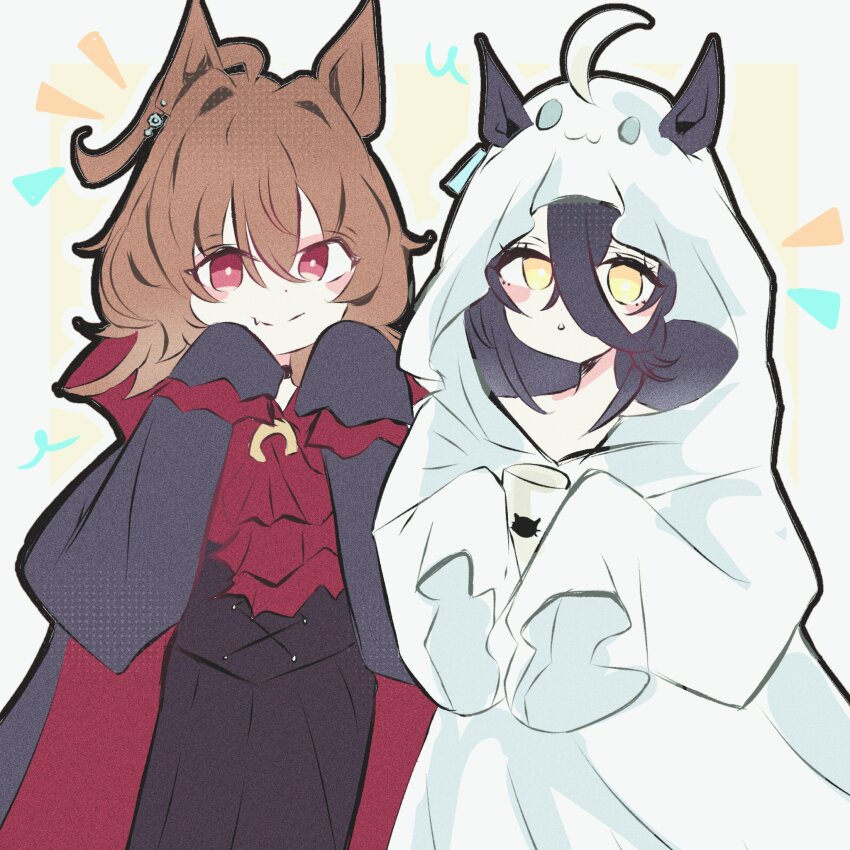 2girls, agnes_tachyon_(umamusume), ahoge, animal_print, ascot, black_hair, black_shirt, black_skirt