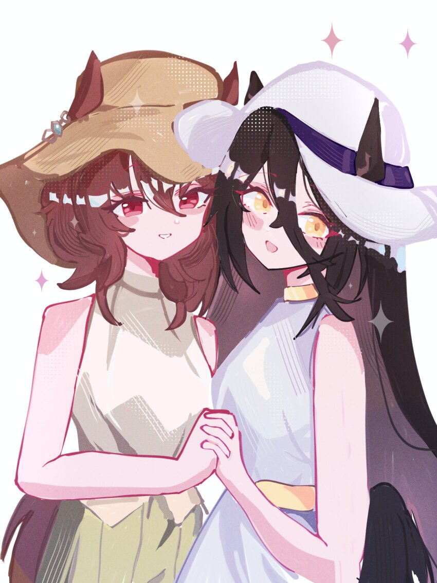 2girls, absurdres, agnes_tachyon_(umamusume), animal_ears, black_hair, blush, brown_hair, brown_hat