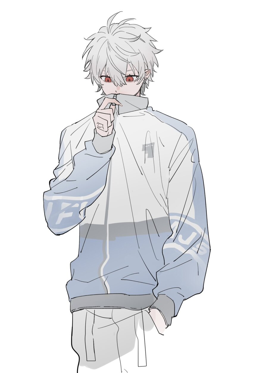 1boy, abbitr2, arm_up, covered_mouth, hair_between_eyes, hand_in_pocket, hashtag-only_commentary, highres