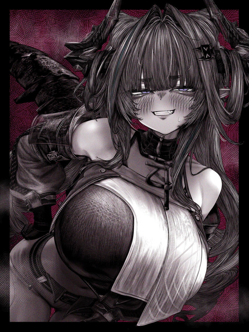 1girl, absurdres, arknights, arknights:_endfield, bare_shoulders, blunt_bangs, blush, breasts