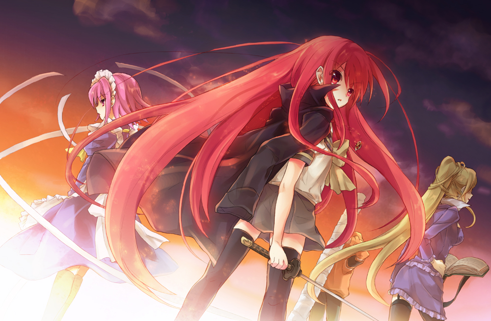 1boy, 3girls, alastor_(shakugan_no_shana), book, coat, jewelry, khamsin_nbh'w, maid, marchosias, margery_daw, multiple_girls, pendant, red_hair, school_uniform, serafuku, shakugan_no_shana, shana, sword, tachitsu_teto, thighhighs, trench_coat, weapon, wilhelmina_carmel