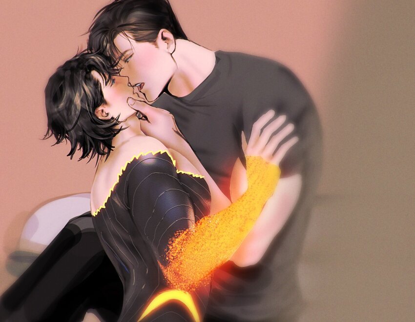 2boys, absolute_batman, absolute_dc, absolute_superman, arm_up, batman_(series), black_bodysuit, black_hair, black_shirt, blue_eyes, blush, bodysuit, bruce_wayne, crew_neck, dc_comics, eye_contact, hand_on_another's_chin, hand_on_another's_shoulder, hashtag-only_commentary, illuzyne, imminent_kiss, looking_at_another, male_focus, multiple_boys, shirt, short_sideburns, short_sleeves, sideburns, superman, superman_(series), t-shirt, yaoi