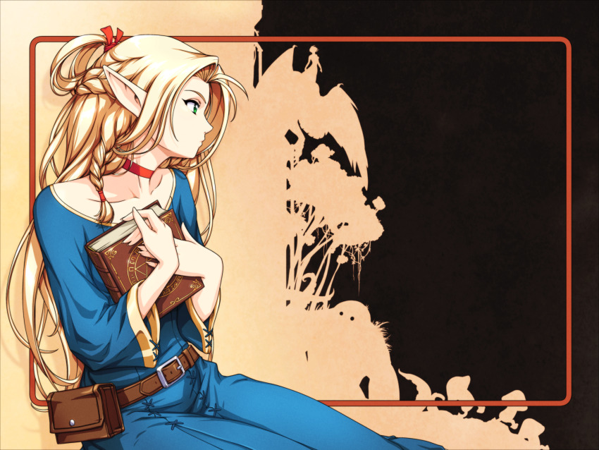 2girls, belt, belt_pouch, blonde_hair, blue_dress, book, braid, choker, dress, dungeon_meshi, elf, falin_touden, golem_(dungeon_meshi), green_eyes, grimoire, half_up_braid, highres, holding, holding_book, long_hair, marcille_donato, multiple_girls, pointy_ears, pouch, red_choker, sirknightbot