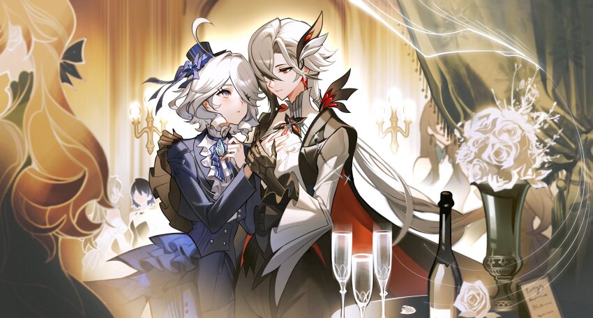 2girls, absurdres, ahoge, arlecchino_(genshin_fes_2026)_(genshin_impact), arlecchino_(genshin_impact), black_gloves, black_pants, blue_eyes