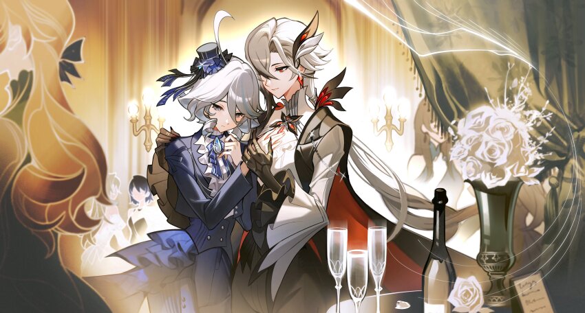 2girls, absurdres, ahoge, arlecchino_(genshin_fes_2026)_(genshin_impact), arlecchino_(genshin_impact), black_gloves, black_pants, blue_hat