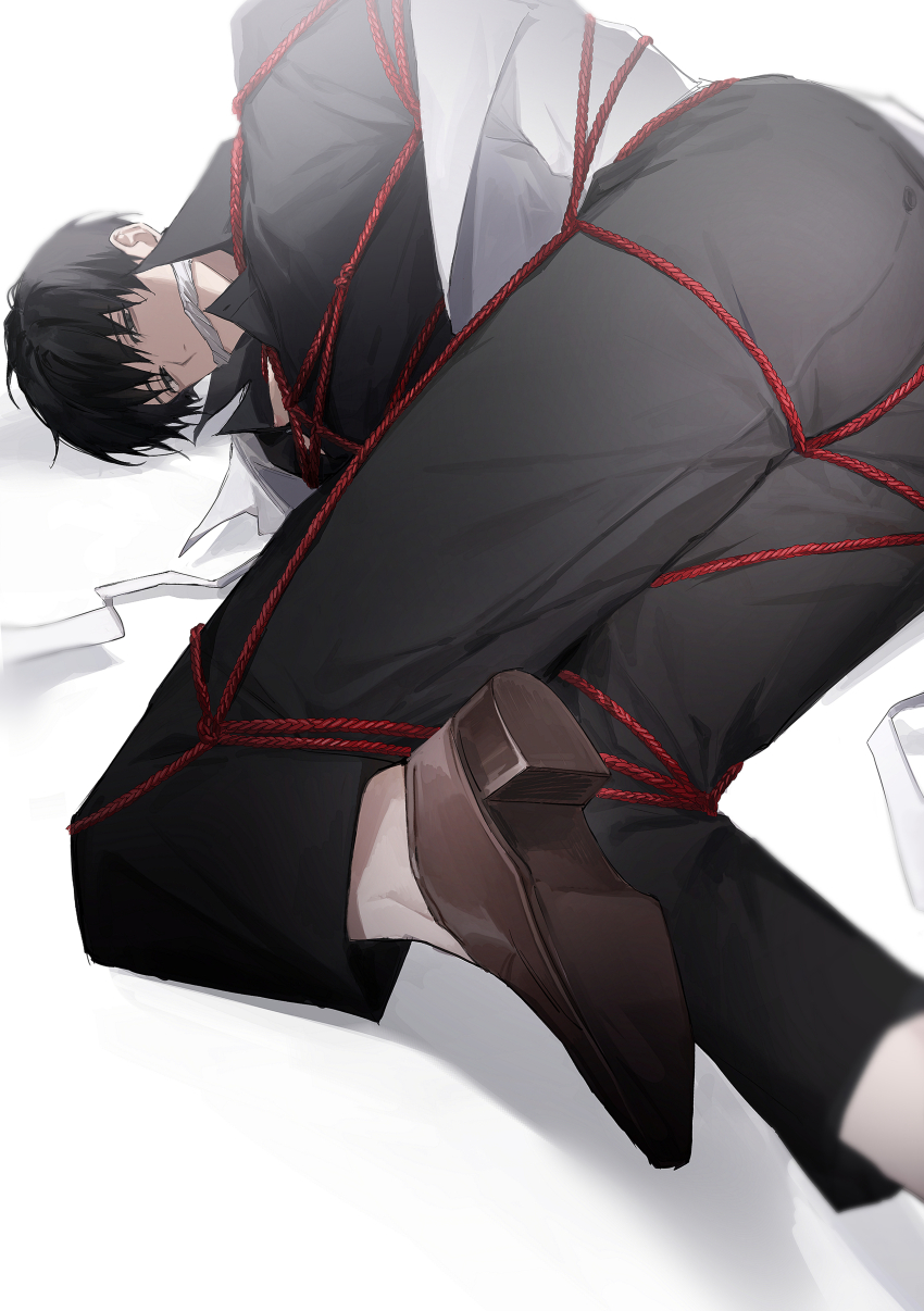 1boy, absurdres, arms_behind_back, black_eyes, black_hair, black_shirt, bound, bound_legs