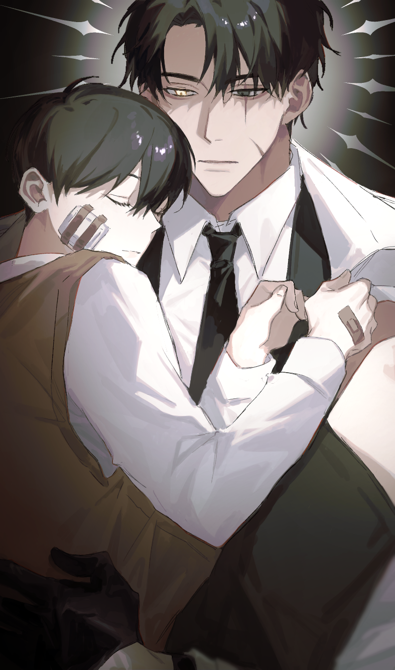 2boys, bandage_on_face, bandages, bandaid, bandaid_on_hand, black_eyes, black_hair, black_necktie
