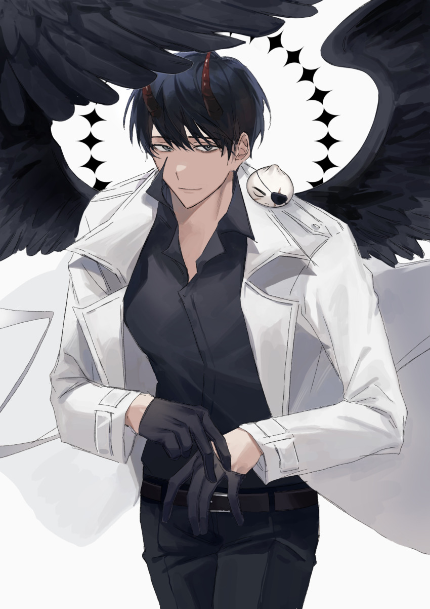 1boy, adjusting_clothes, adjusting_gloves, belt, black_gloves, black_hair, black_shirt, black_wings