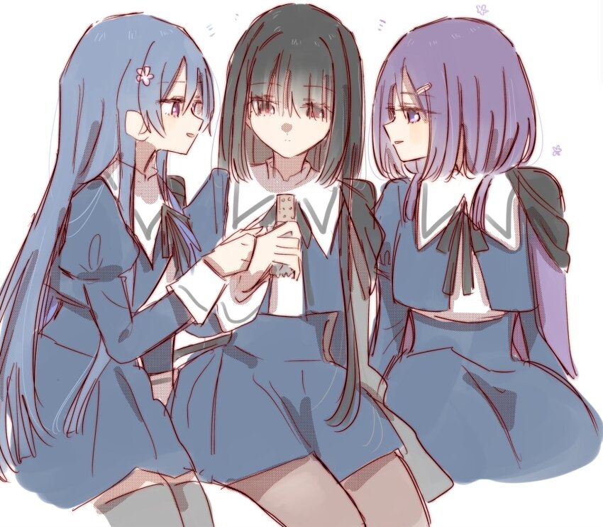 3girls, akashi_manaka, aoki_kaho, arm_at_side, arms_at_sides, assault_lily, black_cape, black_hair