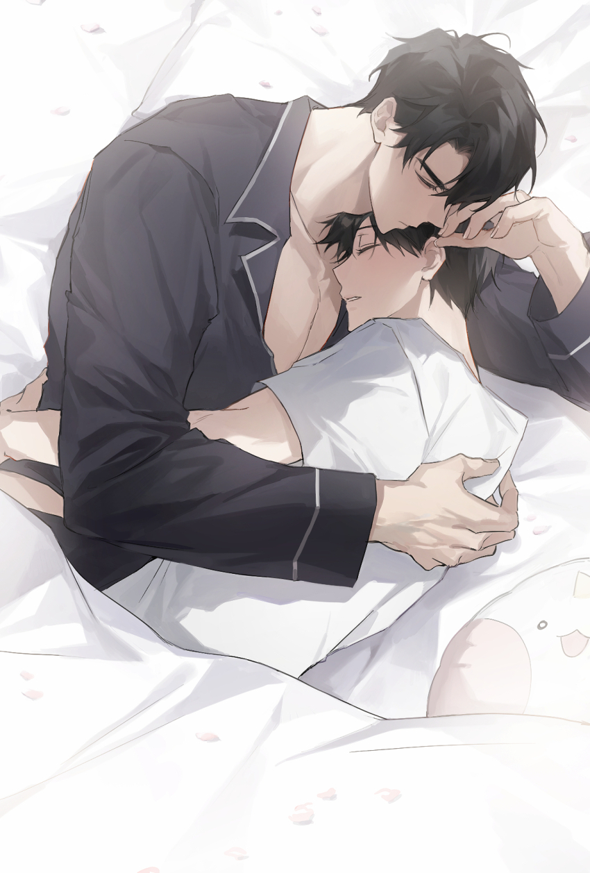 2boys, black-shirt, black_hair, closed_eyes, cuddling, elbow_rest, hand_on_another's_back, head_on_pillow