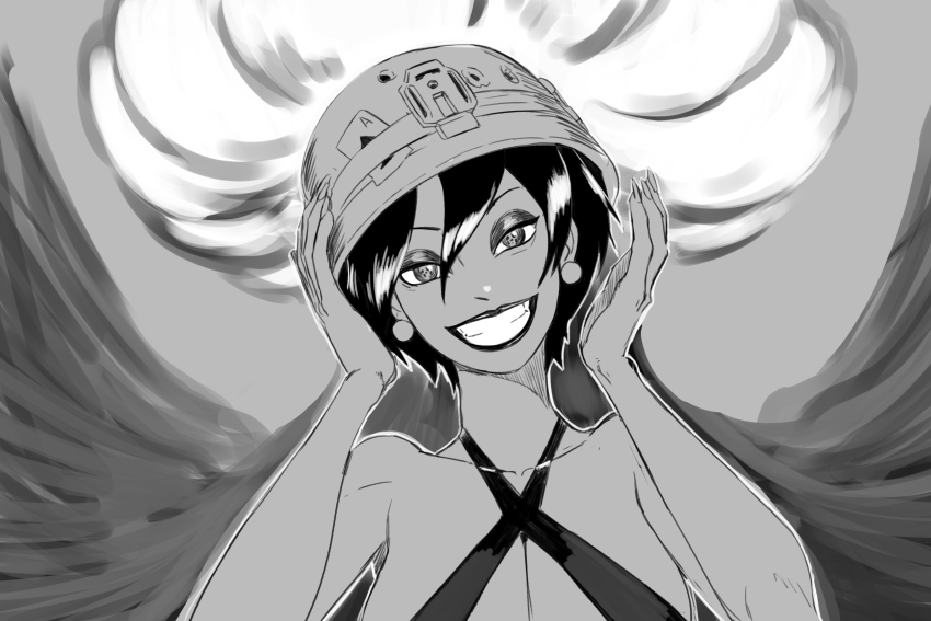 1girl, absurdres, anythinggoes, breasts, cleavage, dress, earrings, explosion