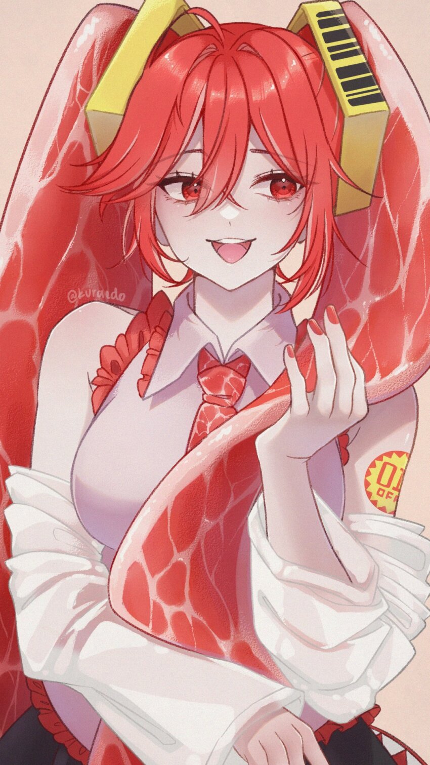 1girl, arm_tattoo, bare_shoulders, breasts, collared_shirt, commentary, cowboy_shot, detached_sleeves