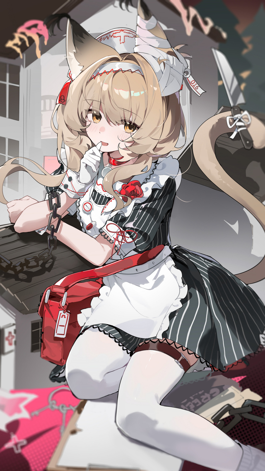1girl, absurdres, animal_ears, apron, arknights, black_dress, blonde_hair, cat_ears, cat_girl, cat_tail, dress, gloves, haze_(arknights), haze_(the_nursing_home_creepshow)_(arknights), highres, knife, official_alternate_costume, open_mouth, solo, tail, teketi, thighhighs, white_apron, white_gloves, white_thighhighs, white_wrist_cuffs, wrist_cuffs, yellow_eyes
