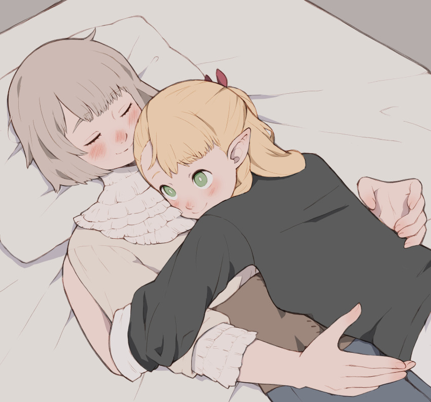 2girls, absurdres, black-shirt, blonde_hair, closed_eyes, closed_mouth, commentary_request, cuddling, dungeon_meshi, elf, falin_touden, falin_touden_(tallman), green_eyes, grey_hair, highres, hug, long_hair, marcille_donato, multiple_girls, on_bed, pillow, pointy_ears, short_hair, smile, tbjj1208, yuri