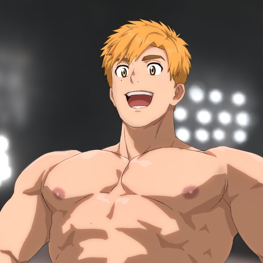 1boy, akeuraji_tsukasa, bara, blonde_hair, commentary_request, cropped, fumio_(snnmfmw), highres