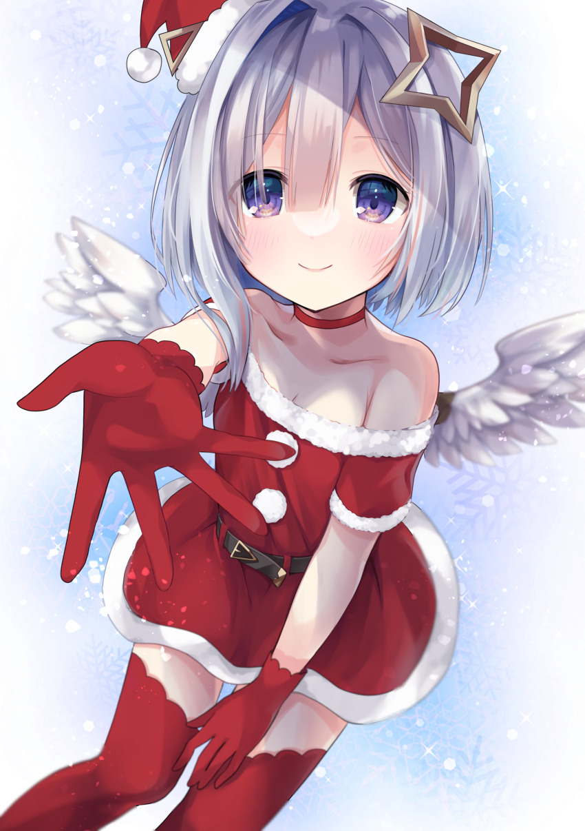 1girl, absurdres, amane_kanata, angel_wings, belt, black_belt, blue_hair, blush