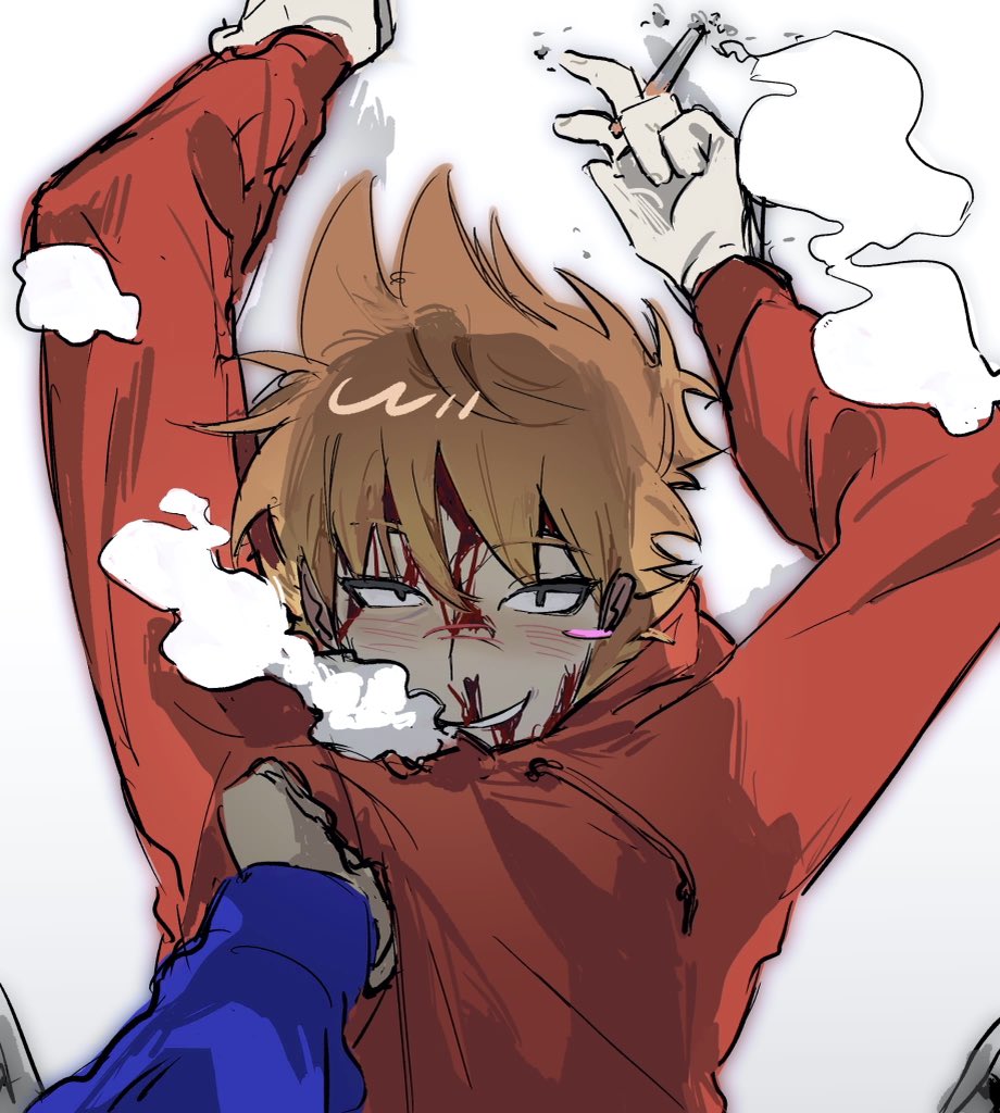 2boys, animification, blood, blood_on_face, blush_stickers, brown_hair, clothes_grab, commentary