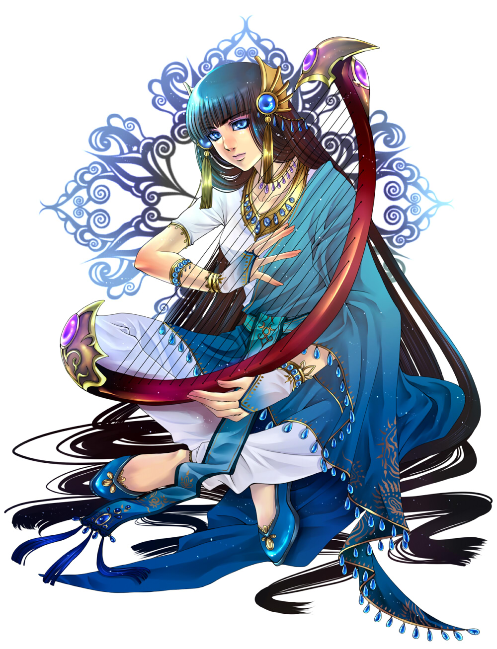 1girl, bad_id, bad_pixiv_id, black_hair, blue_eyes, bridal_gauntlets, female_focus, harp