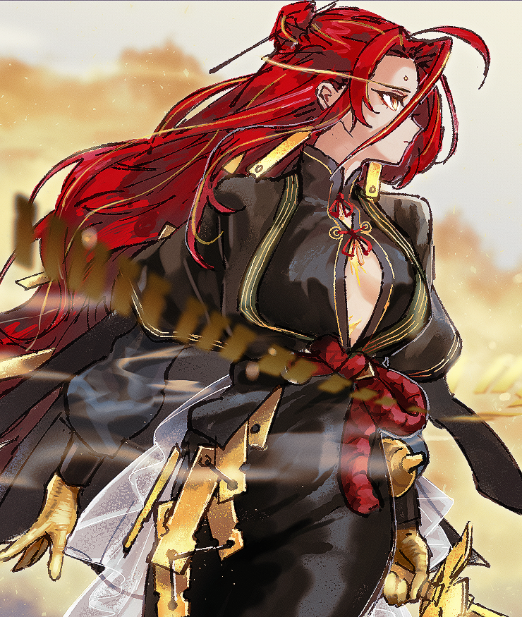 1girl, bamboo_slips, black_dress, chuyi_(xinyue_tongxing), cleavage_cutout, clothing_cutout, dress, gloves, hair_bun, long_eyebrows, long_hair, long_sleeves, looking_to_the_side, profile, red_hair, solo, upper_body, xinyue_tongxing, yanny_(tgtxgamemode), yellow_background, yellow_eyes, yellow_gloves