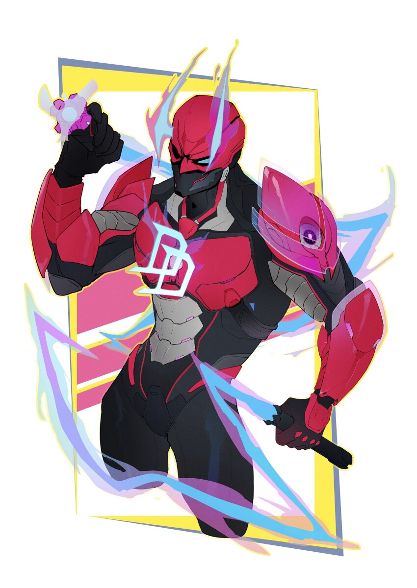 1boy, absurdres, armor, black_armor, black_bodysuit, black_gloves, bodysuit, character_logo, cowboy_shot, daredevil, daredevil_(2099), fake_horns, gloves, hashtag-only_commentary, highres, holding, holding_nunchaku, holding_weapon, horned_mask, horns, looking_at_viewer, male_focus, marvel, marvel_rivals, mask, matt_murdock, muscular, muscular_male, no_pupils, nunchaku, official_alternate_costume, pauldrons, red_armor, shoulder_armor, solo, specter515021, weapon, white_background