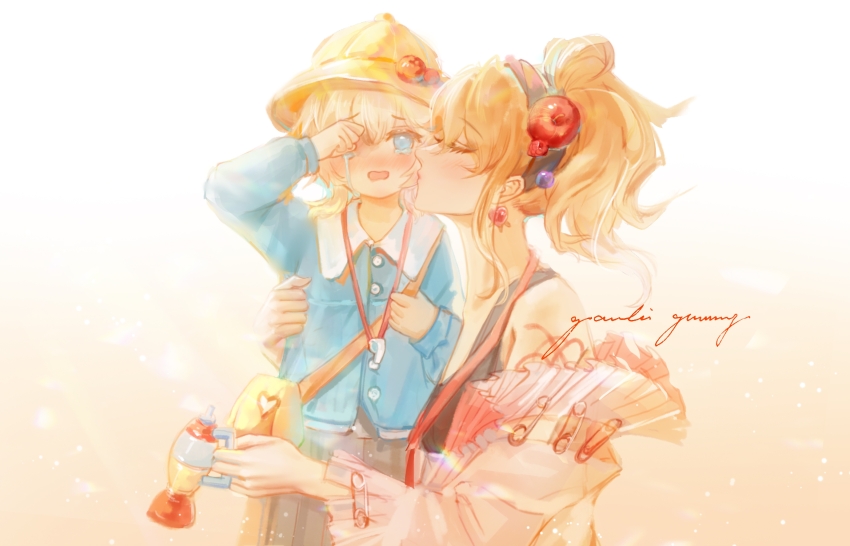 2girls, aged_down, apple, artist_name, bag, bare_shoulders, bianca_(path_to_nowhere), black_hairband