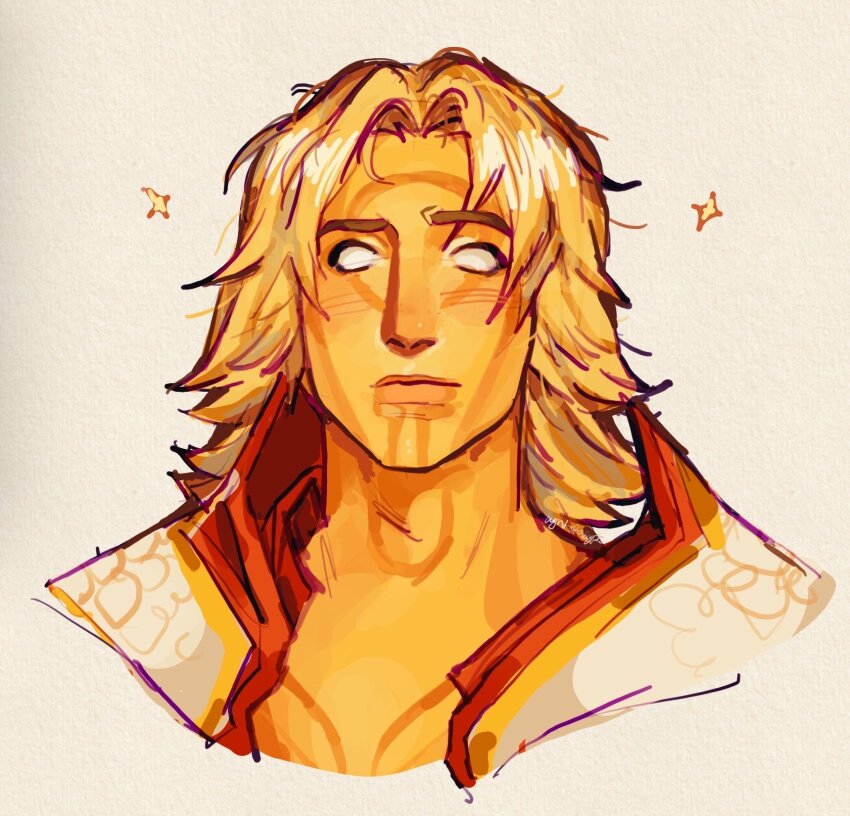 1boy, adam_warlock, agntofasgrd, blonde_hair, colored_skin, commentary, english_commentary, guardians_of_the_galaxy, highres, male_focus, marvel, marvel_rivals, medium_hair, no_pupils, parted_hair, portrait, sketch, solo, sparkle, white_background, yellow_skin