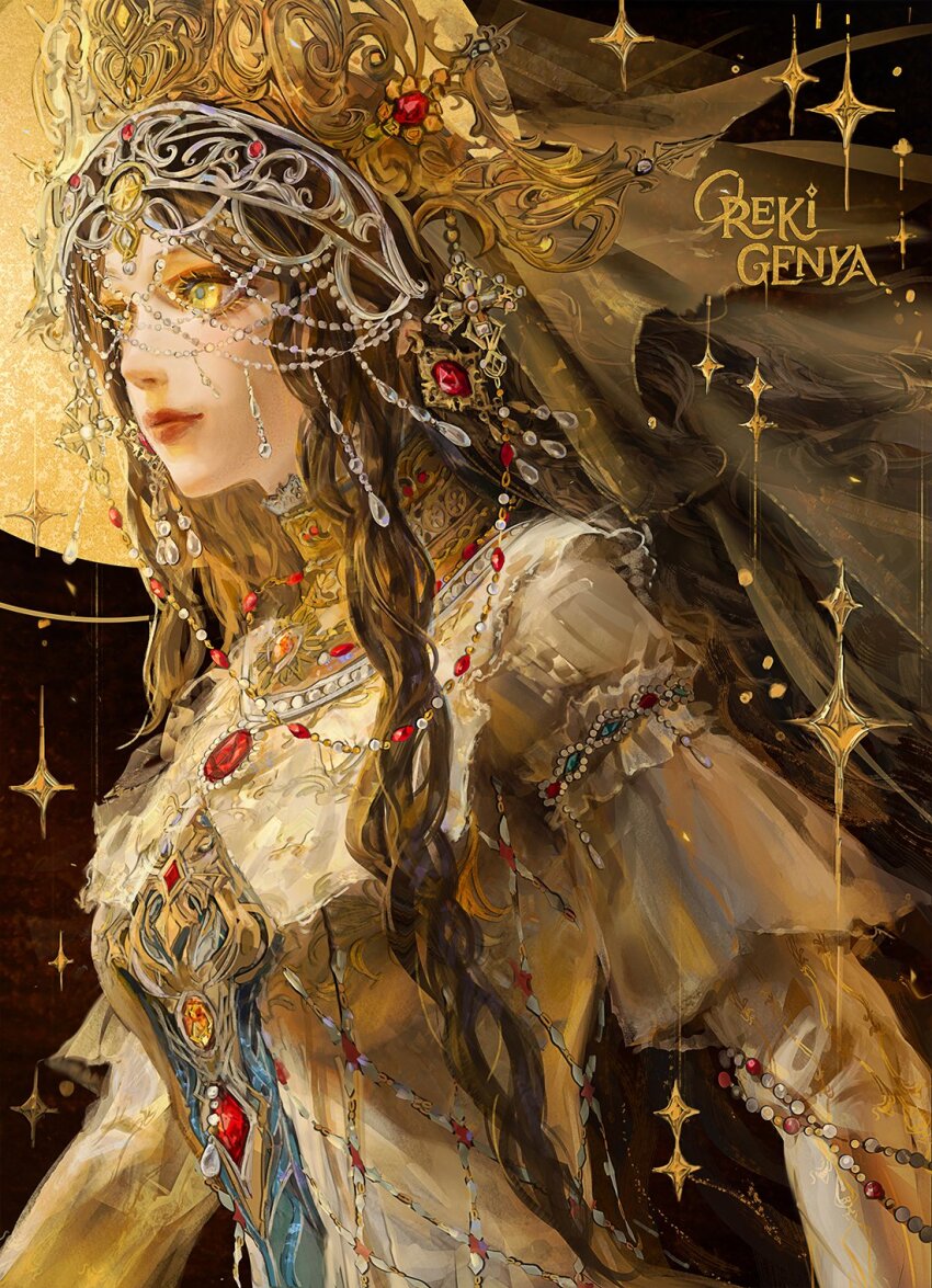 1girl, artist_name, beads, behind_prayers_(infinity_nikki), black_background, black_hair, chest_jewel, choker, closed_mouth, commentary, crown, dress, english_commentary, eyelashes, eyeshadow, forehead_jewel, frilled_garter, gem, gold, gold_choker, hair_beads, hair_ornament, happy, highres, infinity_nikki, layered_sleeves, light_smile, lipstick, long_hair, long_sidelocks, long_sleeves, makeup, moon, nikki_(series), nostrils, oreki_genya, priest, realistic, red_gem, red_lips, short_over_long_sleeves, short_sleeves, sidelocks, sleeve_garter, solo, sparkle, upper_body, veil, very_long_hair, wavy_hair, white_sleeves, yellow_dress, yellow_eyes, yellow_eyeshadow, yellow_gem, yellow_theme, yellow_veil