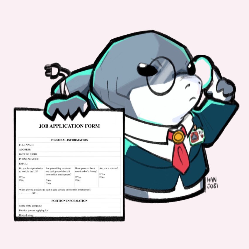 adjusting_eyewear, bespectacled, blue_jacket, cable, commentary, creature, creature_focus, english_commentary