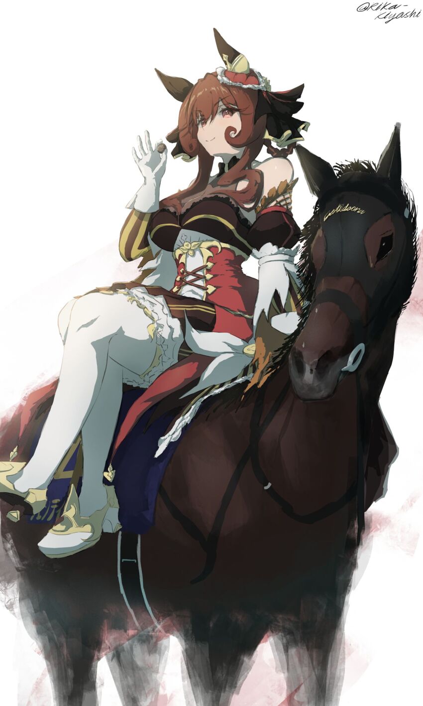 1girl, absurdres, animal_ears, bare_shoulders, braid, braided_hair_rings, breasts, bridle, brown_hair, closed_mouth, corset, creature_and_personification, detached_sleeves, ear_covers, ear_ornament, gentildonna_(racehorse), gentildonna_(regina_dei_fiori)_(umamusume), gentildonna_(umamusume), gloves, hair_between_eyes, hair_ornament, hair_rings, heart-shaped_ornament, heart_ear_ornament, highres, holding, horse, horse_ears, horse_girl, horse_tail, horseback_riding, large_breasts, long_hair, mask, metal_ball, personification, real_life, red_corset, red_eyes, riding, rika-kiyoshi, saddle, see-through_cleavage, see-through_clothes, simple_background, smile, tail, thighhighs, umamusume, white_background, white_gloves, white_thighhighs