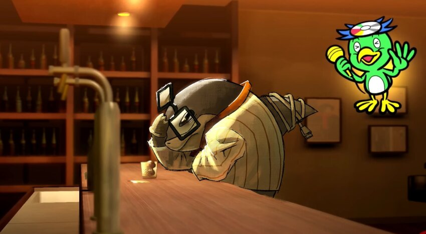 >_<, baka_mitai_(meme), bar_(place), bespectacled, black-framed_eyewear, blurry, cable, commentary