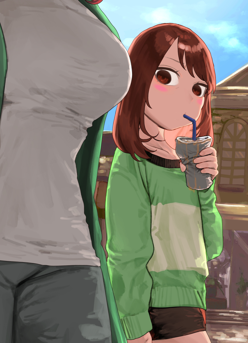 absurdres, alternate_universe, blush, breast_envy, breasts, brown_shorts, chara_(facing_demons), chara_(undertale), cropped_head, cropped_legs, crushing, cup, dual_persona, empty_eyes, facing_demons, green_jacket, green_sweater, heart_soma, highres, holding, holding_cup, jacket, large_breasts, looking_at_breasts, medium_breasts, pants, shorts, sweater, tagme, undertale, utdr_(toby_fox)