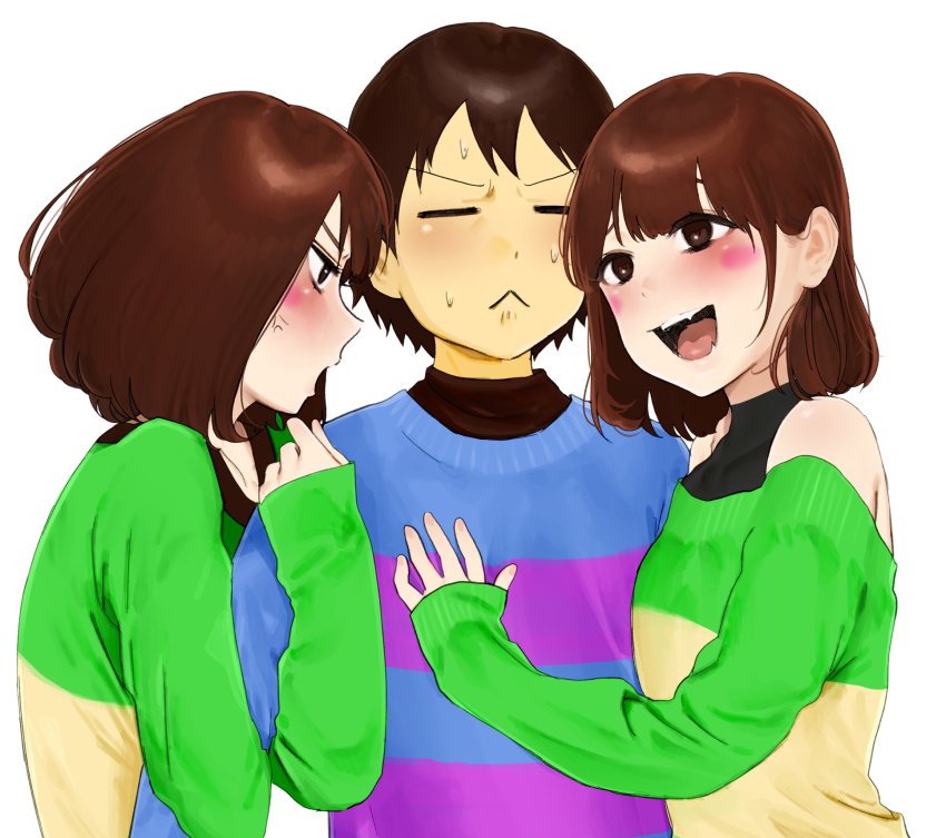 3others, :<, :d, alternate_universe, anger_vein, arm_hug, blue_sweater, blush, blush_stickers, chara_(underlust), chara_(undertale), double_horizontal_stripe, fang, frisk_(undertale), hand_on_another's_chest, heart_soma, highres, medium_hair, multiple_others, off-shoulder_sweater, off_shoulder, open_mouth, short_hair, smile, striped_clothes, striped_sweater, sweat, sweater, underlust, undertale, utdr_(toby_fox)