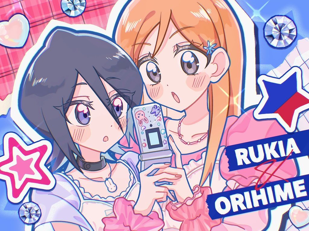 2025, 2girls, alternate_eye_color, black_hair, bleach, breasts, cellphone, character_name, choker, collarbone, flip_phone, hair_ornament, hairclip, inoue_orihime, jewelry, kuchiki_rukia, light_blush, long_hair, looking_at_phone, medium_hair, multiple_girls, necklace, open_mouth, orange_hair, phone, puffy_sleeves, small_breasts, snowflake_hair_ornament, sparkle, star_symbol, techimi, upper_body