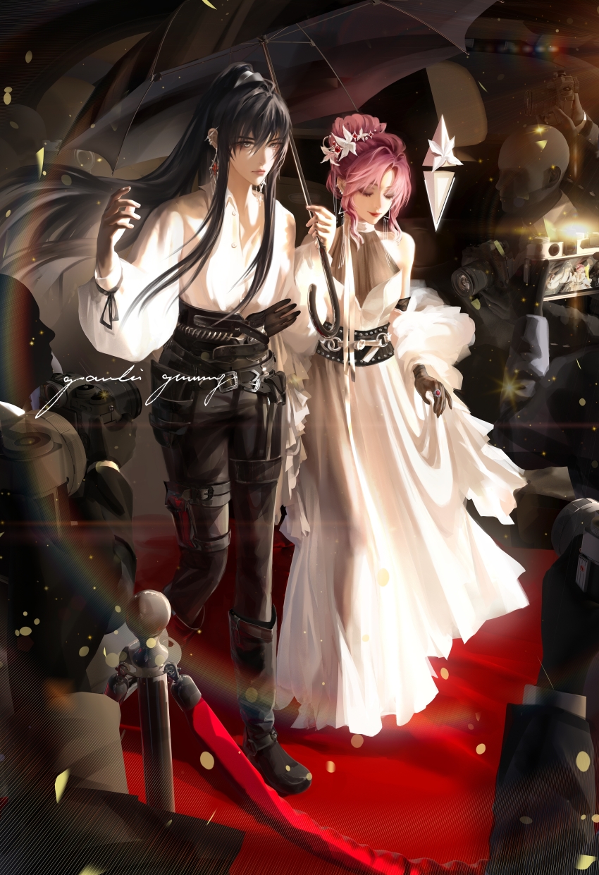 2girls, absurdres, artist_name, belt, black_belt, black_boots, black_corset, black_gloves, black_hair, black_pants, blurry, boots, breasts, camera, camera_flash, chinese_commentary, closed_eyes, closed_mouth, commentary_request, corset, couple, depth_of_field, dress, ear_piercing, earrings, eyeshadow, garlic_gummy, gloves, grey_eyes, hair_between_eyes, hair_bun, hair_ornament, halter_dress, halterneck, high_ponytail, highres, holding, holding_another's_arm, holding_umbrella, jewelry, lens_flare, lipstick, long_dress, long_hair, long_sidelocks, long_sleeves, makeup, multiple_girls, pants, paparazzi, path_to_nowhere, people, piercing, pink_hair, ponytail, puffy_long_sleeves, puffy_sleeves, rahu_(path_to_nowhere), red_carpet, red_lips, ring, shalom_(path_to_nowhere), shirt, sidelocks, single_hair_bun, small_breasts, stanchion, swept_bangs, thigh_strap, triangle_earrings, umbrella, very_long_hair, walking, white_dress, white_shirt, yuri