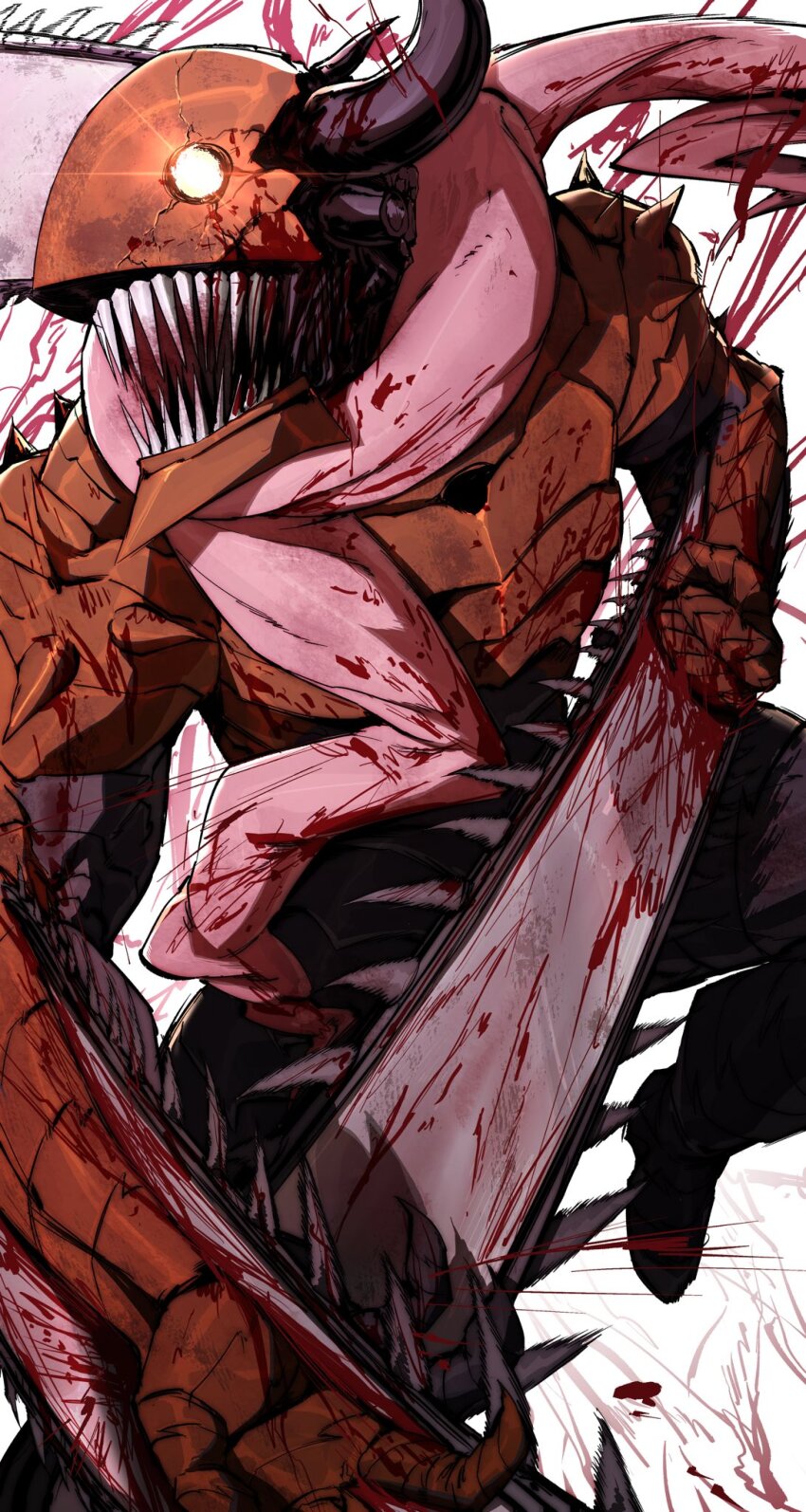 1boy, alternate_form, arm_blade, armor, blood, bloody_weapon, chainsaw, chainsaw_man, demon_boy, demon_horns, denji_(chainsaw_man), glowing, glowing_eye, highres, horns, intestine_clothing, male_focus, monster_boy, omegaa_7, orange_armor, pink_scarf, scarf, sharp_teeth, solo, teeth, upper_body, weapon