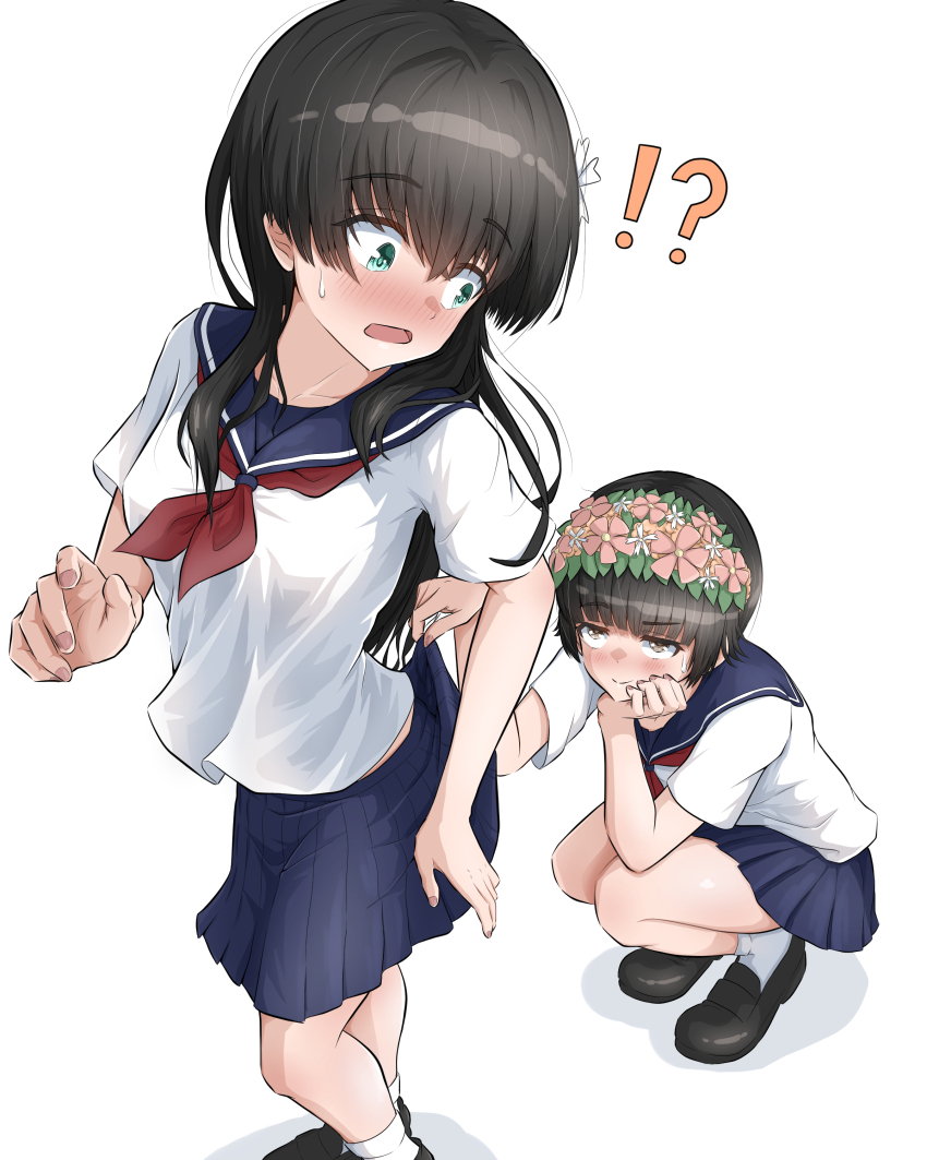 2girls, absurdres, black_hair, black_shoes, blue_sailor_collar, blue_skirt, blush, clothes_lift, collarbone, d:, flower, hair_flower, hair_ornament, hand_on_own_cheek, hand_on_own_face, head_rest, head_wreath, highres, lifting_another's_clothes, loafers, long_hair, looking_at_another, looking_back, multiple_girls, ndk_(24176709), open_mouth, pleated_skirt, role_reversal, sailor_collar, sakugawa_school_uniform, saten_ruiko, school_uniform, serafuku, shirt, shoes, short_hair, short_sleeves, skirt, skirt_lift, small_sweatdrop, smile, socks, squatting, standing, toaru_kagaku_no_railgun, toaru_majutsu_no_index, uiharu_kazari, white_shirt, white_socks, yuri