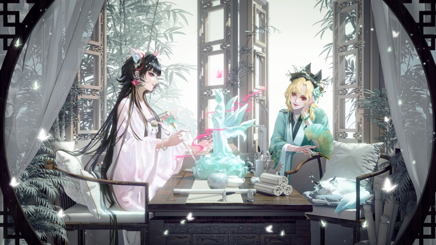 2girls, absurdres, animal_ear_fluff, animal_ears, architecture, arm_rest, bamboo, bead_necklace
