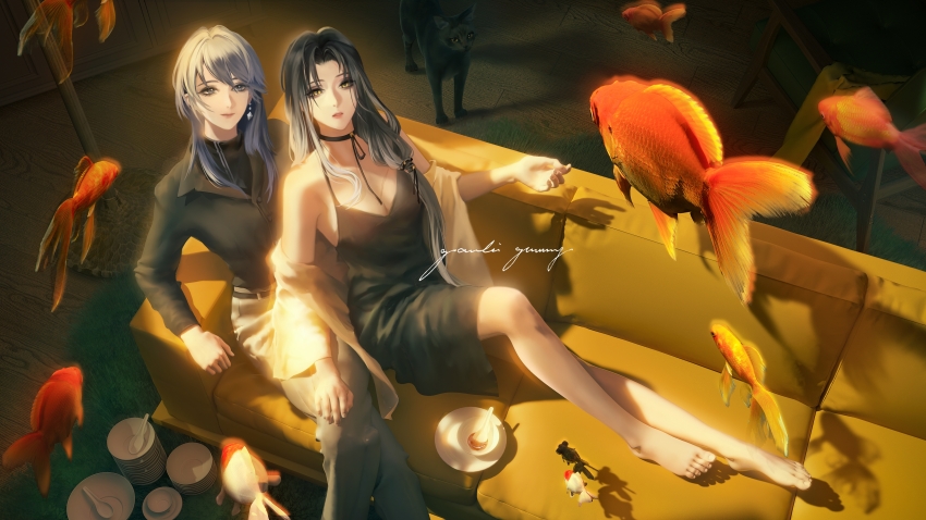 2girls, absurdres, angell_(path_to_nowhere), artist_name, barefoot, belt, black_belt, black_cat