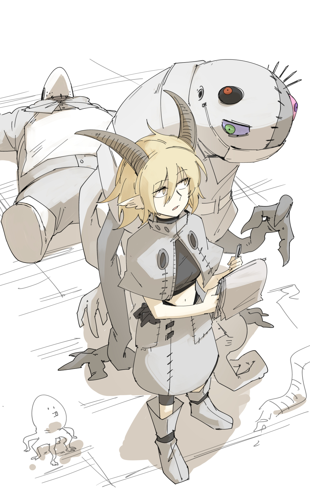 1girl, 2others, blonde_hair, blot_plot, boots, capelet, commentary, full_body