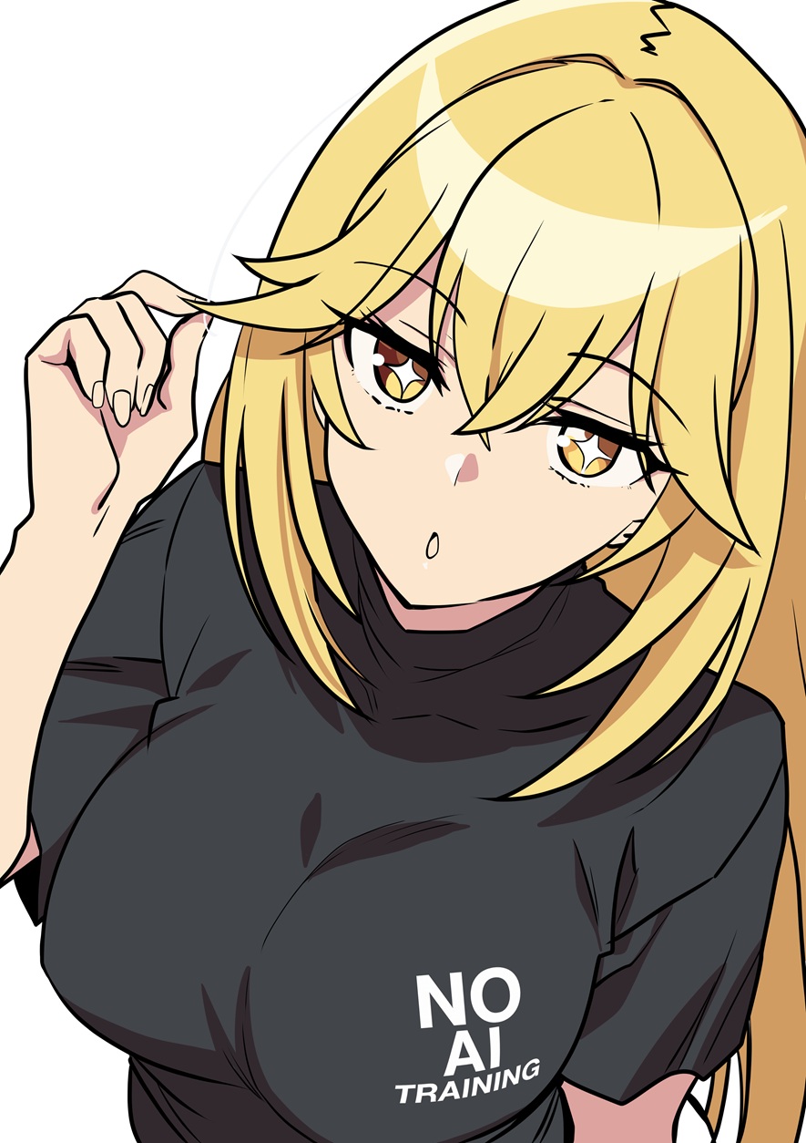 1girl, black_shirt, blonde_hair, breasts, commentary, crossed_bangs, hair_between_eyes, highres