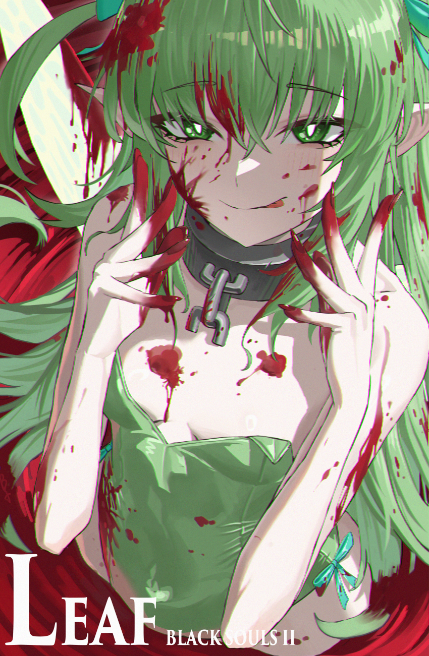 1girl, absurdres, bare_shoulders, bfs1557897975, black_souls, blood, blood_on_face, breasts, closed_mouth, collar, cowboy_shot, fairy_wings, green_eyes, green_hair, green_leotard, green_wings, hands_up, highres, leaf_(black_souls), leotard, long_hair, looking_at_viewer, pointy_ears, small_breasts, smile, solo, strapless, strapless_leotard, tongue, tongue_out, wings