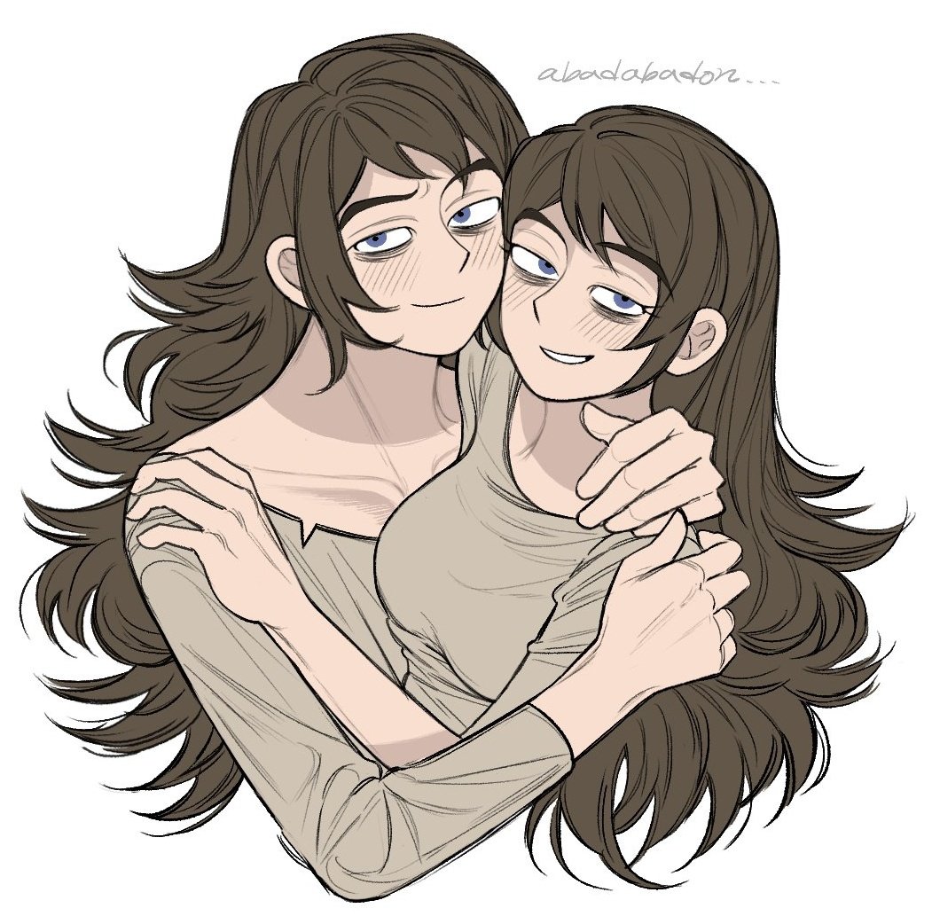 1boy, 1girl, abaddon_(haunted_hotel), blue_eyes, brown_hair, cropped_torso, dual_persona, genderswap